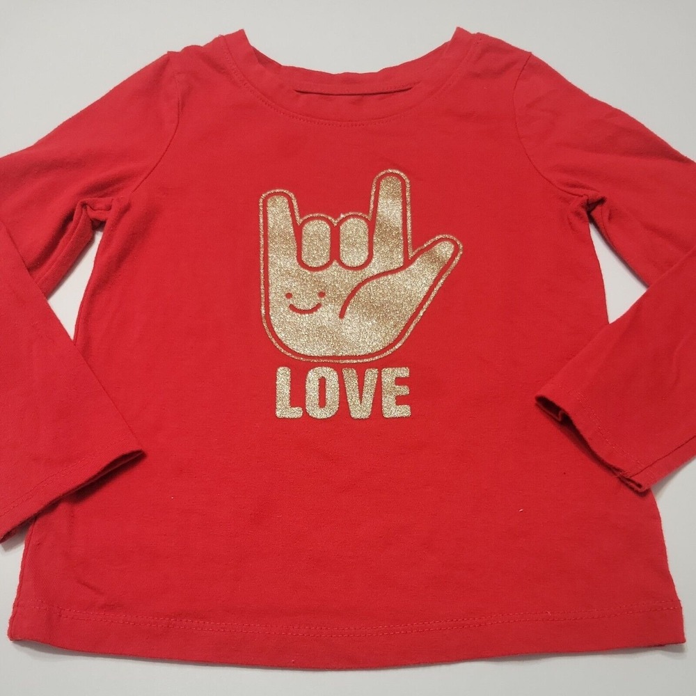 Rock Love Cat & Jack Baby Girls Graphic T-shirt Red Long Sleeve Crew Neck Tee 3T
